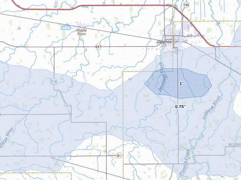 NEXRAD radar-signature map of the hail storm over Venedocia, OH on Jul 3, 2026