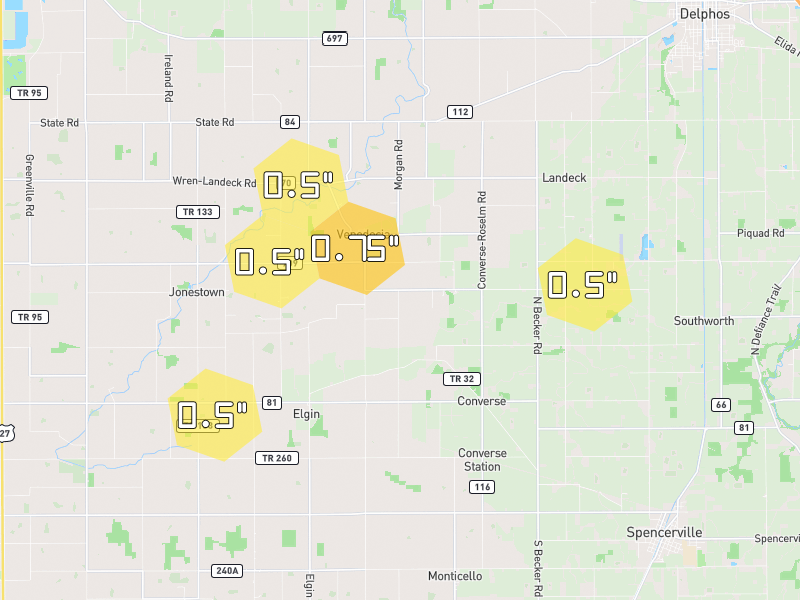 Hail map of Venedocia, OH on Jul 3, 2026, hail up to 0.75"
