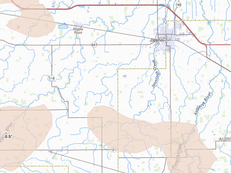 Radar-estimated hail-size map of the storm over Venedocia, OH on Aug 10, 2026