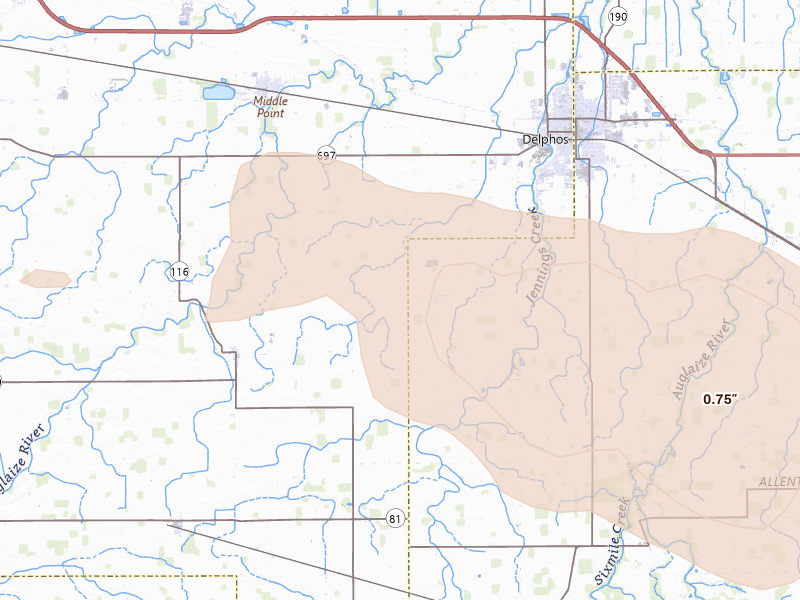 Radar-estimated hail-size map of the storm over Venedocia, OH on Aug 12, 2026