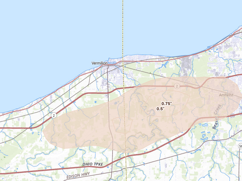 Radar-estimated hail-size map of the storm over Vermilion, OH on Jun 10, 2026