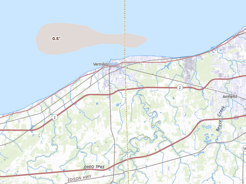 Radar-estimated hail-size map of the storm over Vermilion, OH on Jul 20, 2026