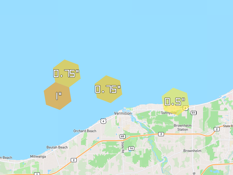 Hail map of Vermilion, OH on Jul 21, 2026, hail up to 1"