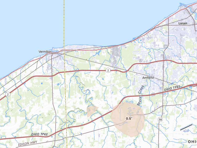 Radar-estimated hail-size map of the storm over Vermilion, OH on Sep 3, 2026