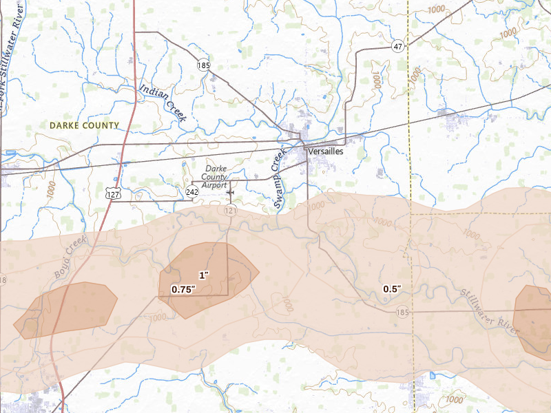 Radar-estimated hail-size map of the storm over Versailles, OH on Mar 22, 2026