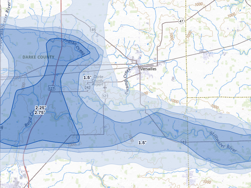 NEXRAD radar-signature map of the hail storm over Versailles, OH on Mar 22, 2026