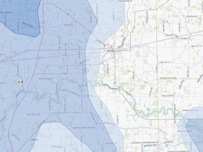NEXRAD radar-signature map of the hail storm over Versailles, OH on Aug 11, 2026