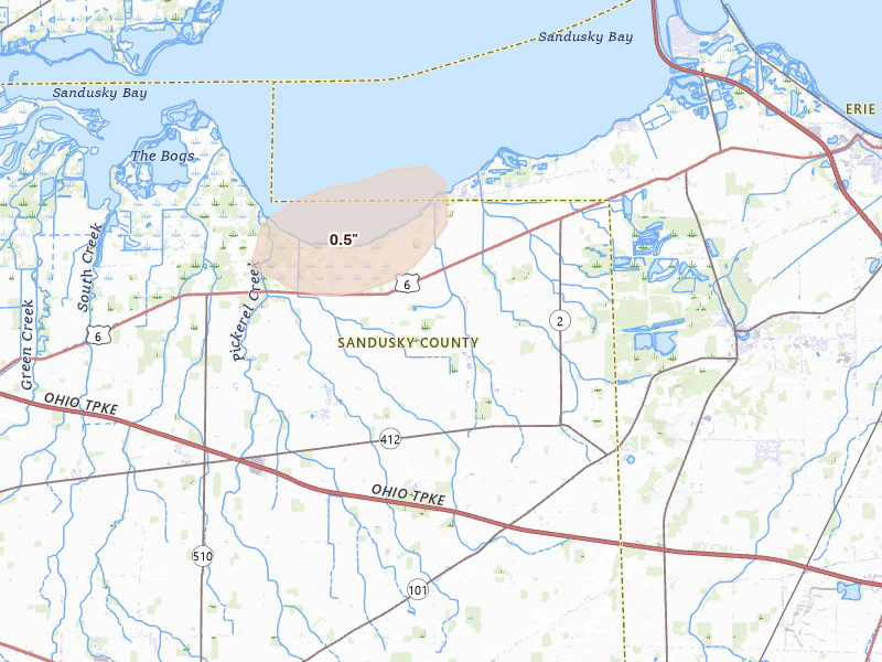 Radar-estimated hail-size map of the storm over Vickery, OH on Jul 3, 2026