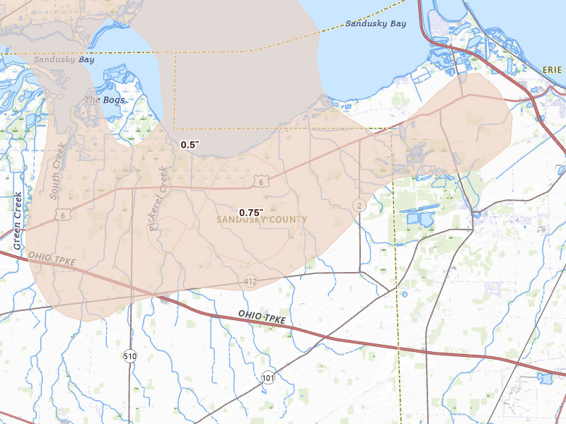 Radar-estimated hail-size map of the storm over Vickery, OH on Aug 9, 2026