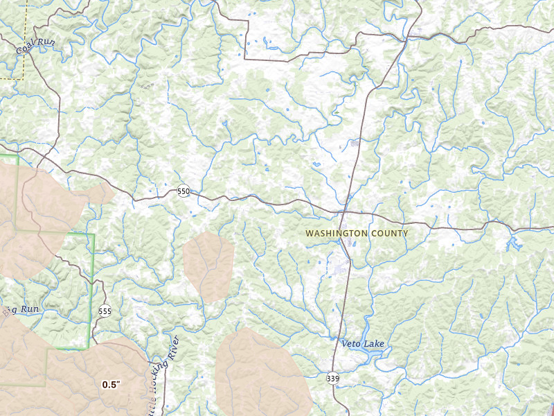 Radar-estimated hail-size map of the storm over Vincent, OH on Aug 10, 2026