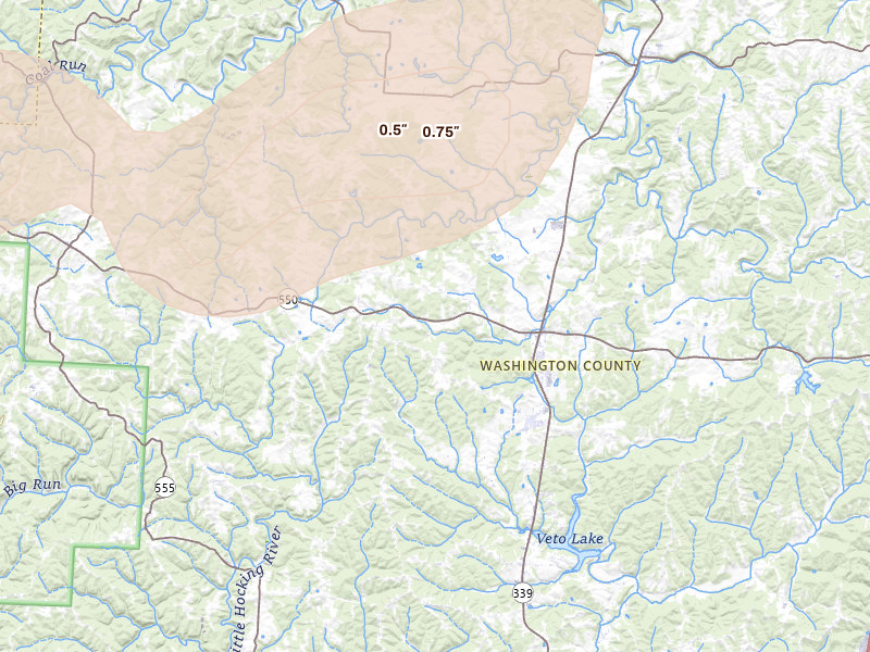 Radar-estimated hail-size map of the storm over Vincent, OH on Aug 22, 2026