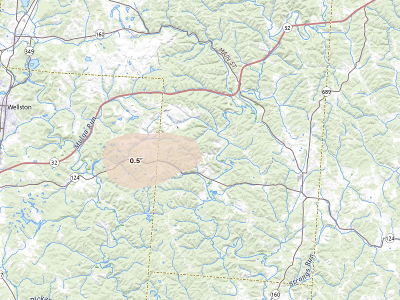 Radar-estimated hail-size map of the storm over Vinton, OH on Jun 10, 2026