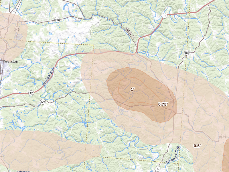 Radar-estimated hail-size map of the storm over Vinton, OH on Aug 10, 2026