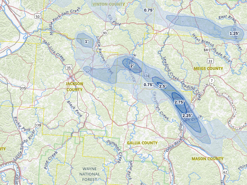 NEXRAD radar-signature map of the hail storm over Vinton, OH on Aug 10, 2026
