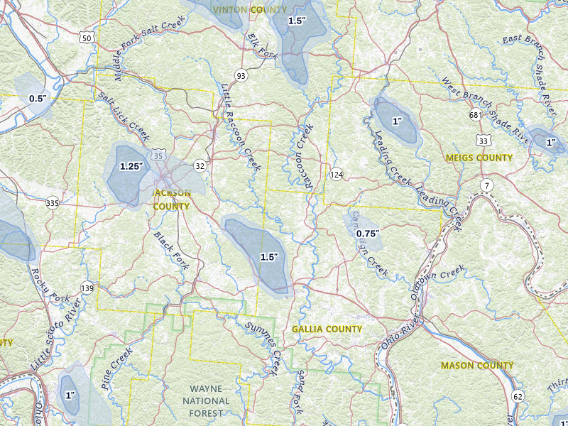 NEXRAD radar-signature map of the hail storm over Vinton, OH on Aug 11, 2026