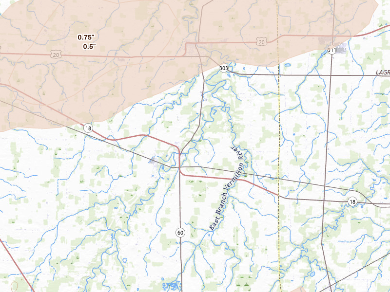 Radar-estimated hail-size map of the storm over Wakeman, OH on Jun 10, 2026
