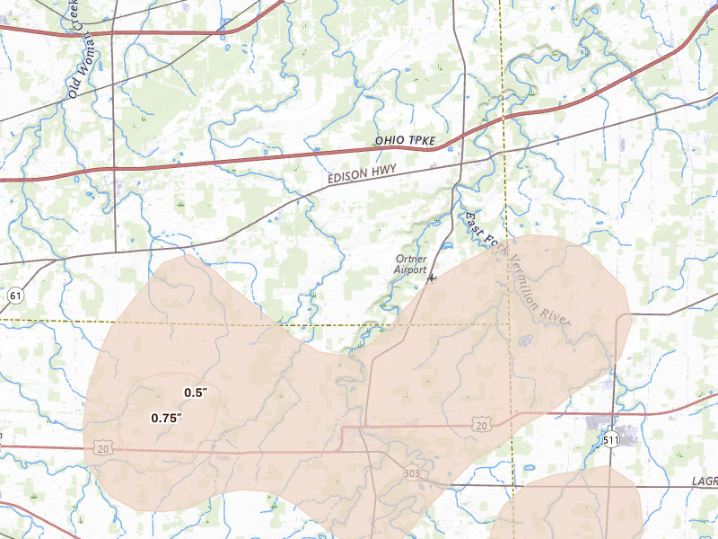 Radar-estimated hail-size map of the storm over Wakeman, OH on Aug 10, 2026