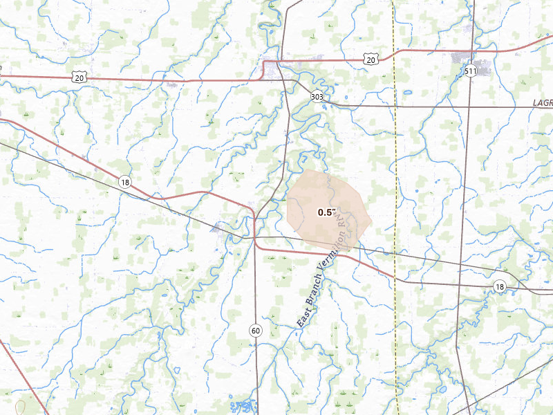 Radar-estimated hail-size map of the storm over Wakeman, OH on Aug 22, 2026