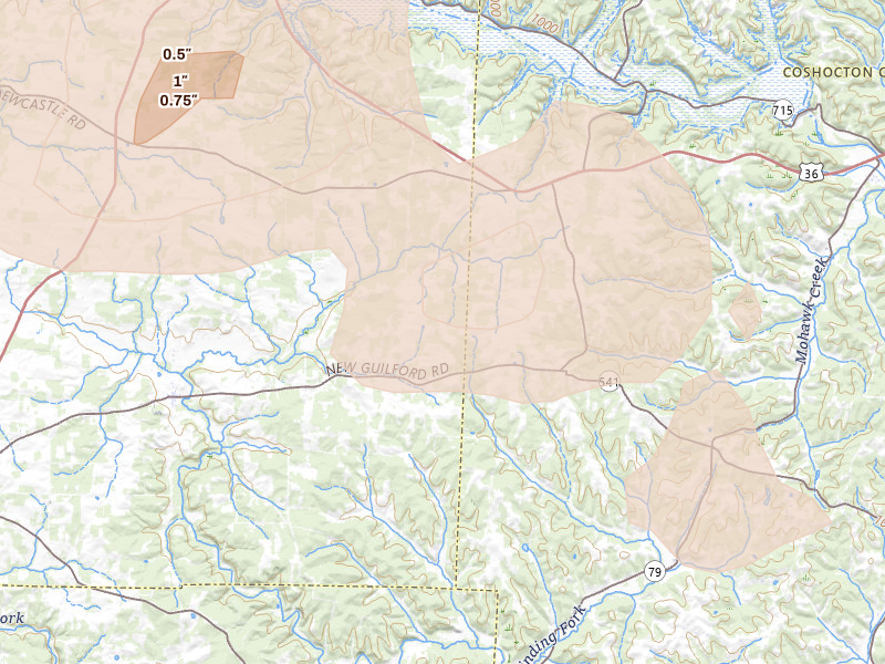 Radar-estimated hail-size map of the storm over Walhonding, OH on Mar 26, 2026
