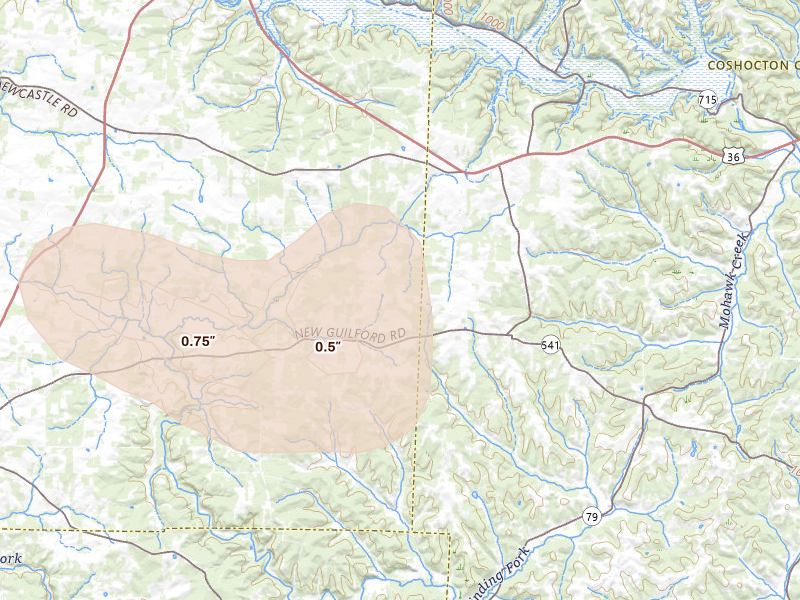 Radar-estimated hail-size map of the storm over Walhonding, OH on Aug 11, 2026