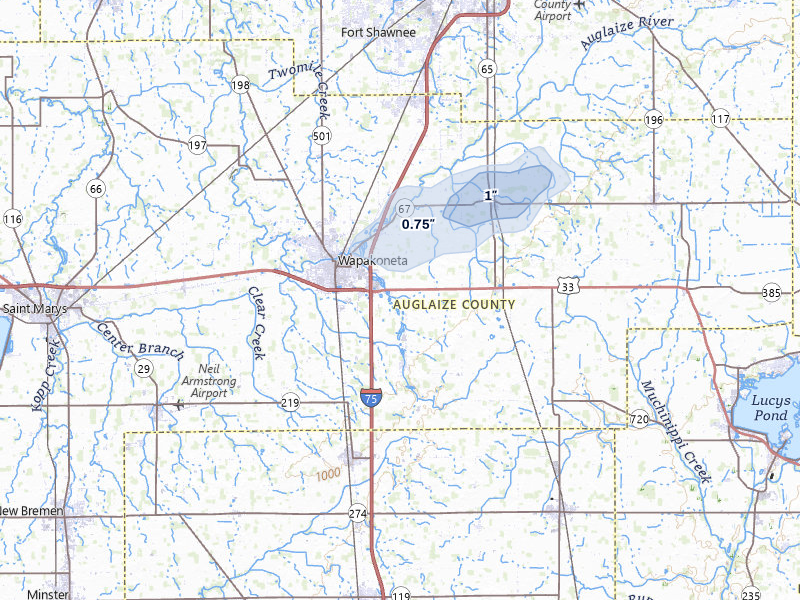 NEXRAD radar-signature map of the hail over Wapakoneta, OH