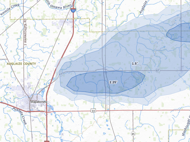 NEXRAD radar-signature map of the hail over Wapakoneta, OH