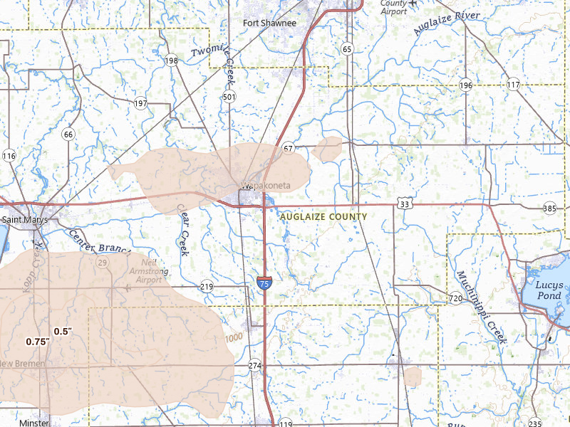 Radar-estimated hail-size map of the storm over Wapakoneta, OH
