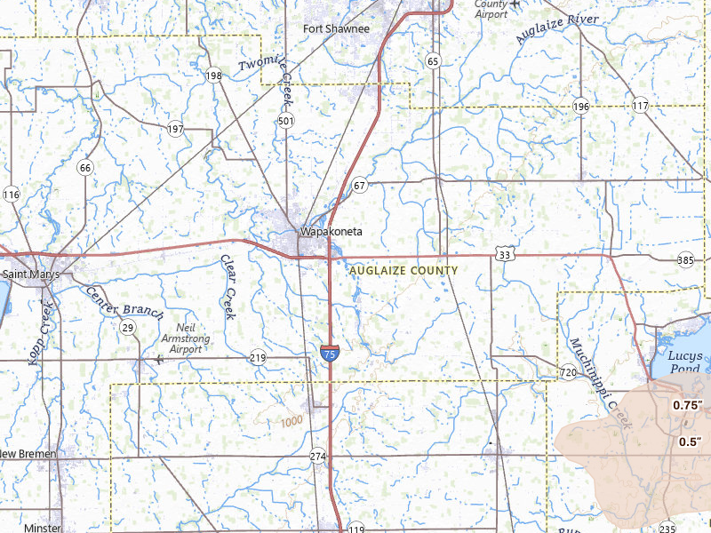 Radar-estimated hail-size map of the storm over Wapakoneta, OH on Apr 22, 2026