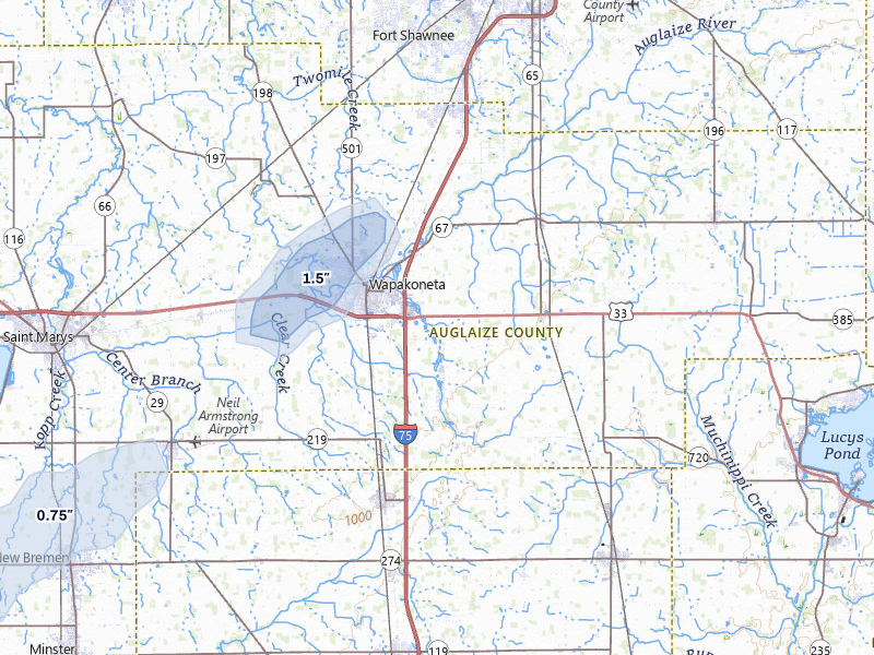 NEXRAD radar-signature map of the hail storm over Wapakoneta, OH on May 18, 2026