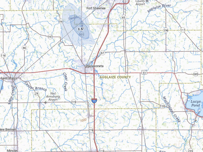 NEXRAD radar-signature map of the hail storm over Wapakoneta, OH on Jul 3, 2026