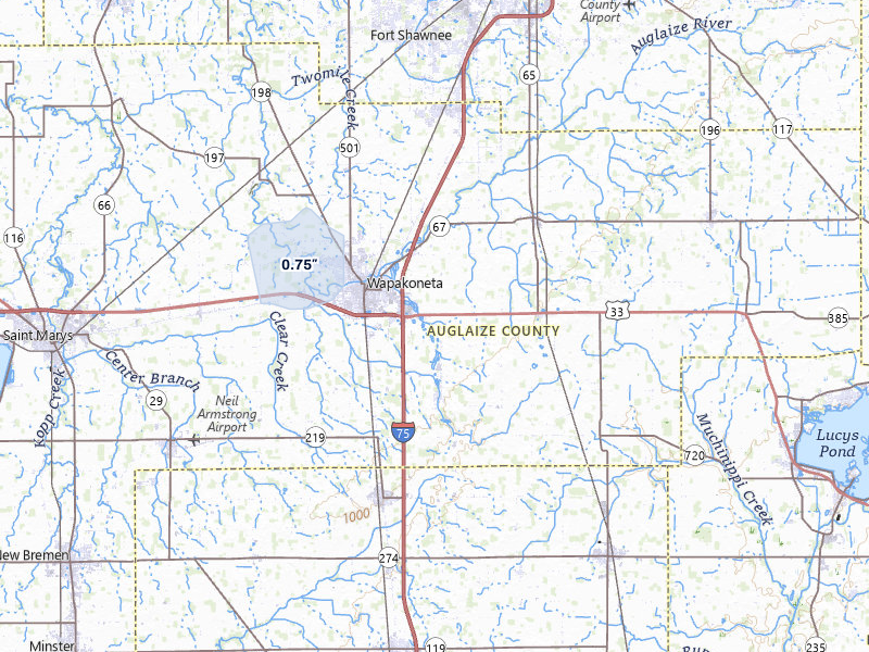 NEXRAD radar-signature map of the hail storm over Wapakoneta, OH on Jul 27, 2026