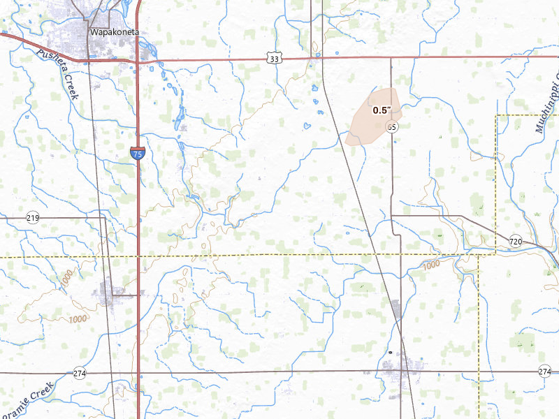 Radar-estimated hail-size map of the storm over Wapakoneta, OH on Aug 7, 2026