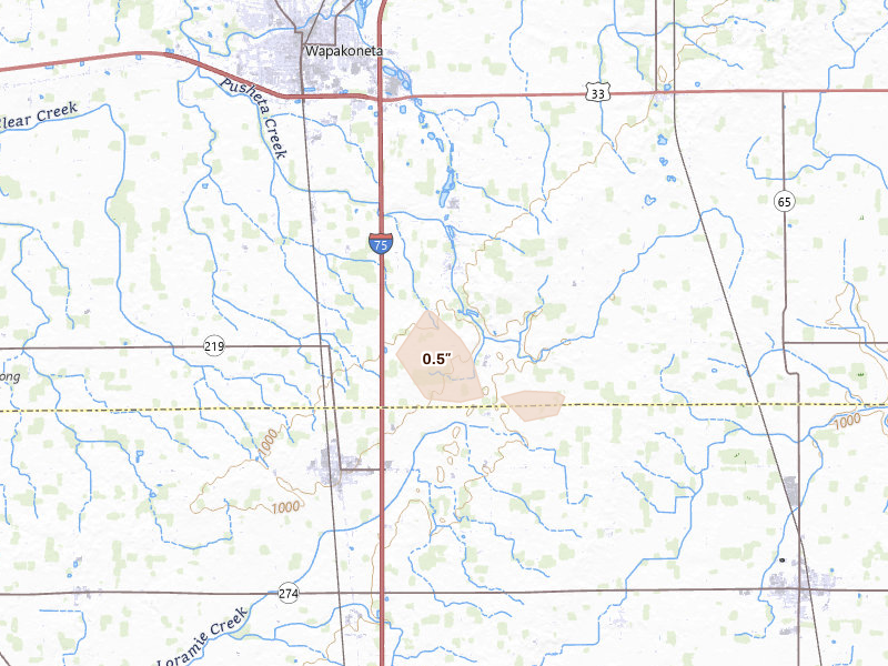 Radar-estimated hail-size map of the storm over Wapakoneta, OH on Aug 9, 2026
