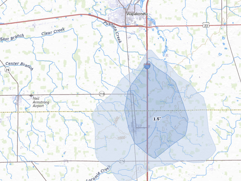 NEXRAD radar-signature map of the hail storm over Wapakoneta, OH on Aug 9, 2026