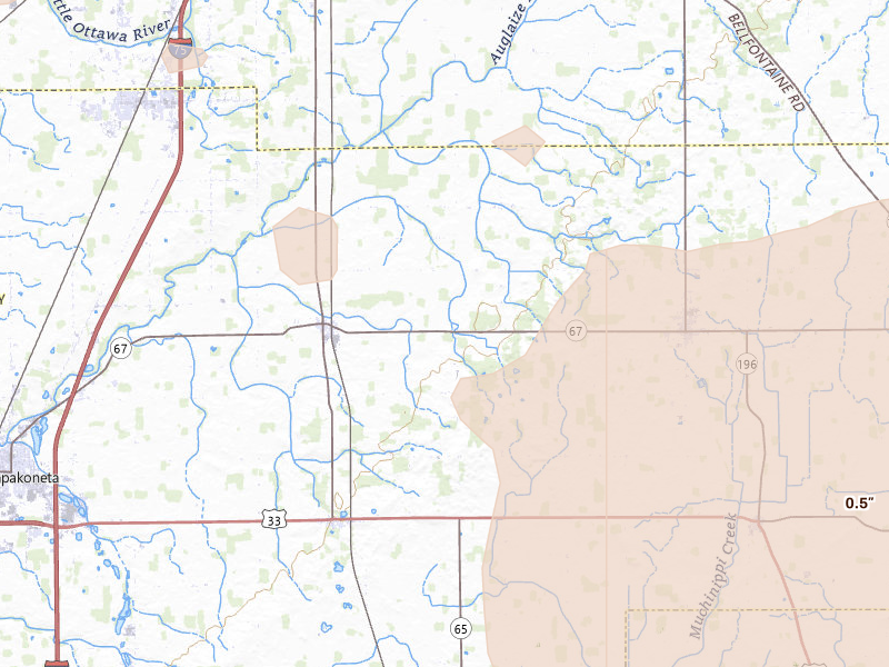 Radar-estimated hail-size map of the storm over Wapakoneta, OH on Aug 10, 2026