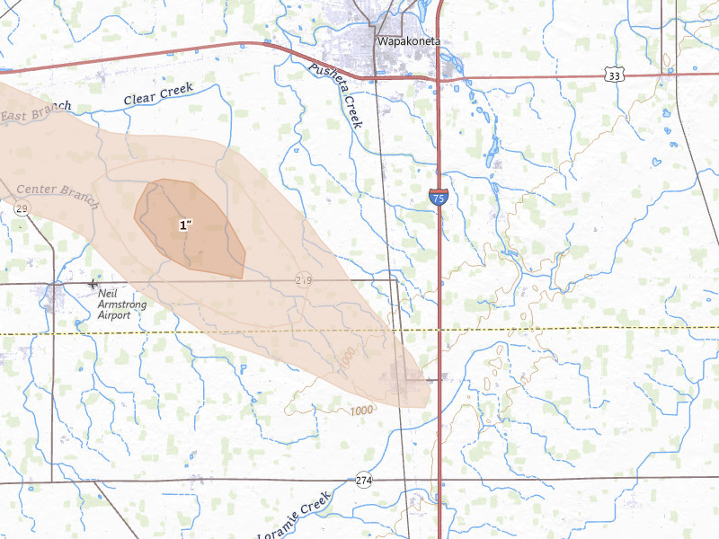 Radar-estimated hail-size map of the storm over Wapakoneta, OH on Aug 12, 2026