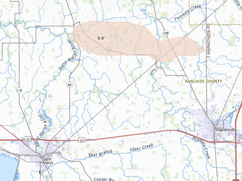 Radar-estimated hail-size map of the storm over Wapakoneta, OH on Aug 26, 2026