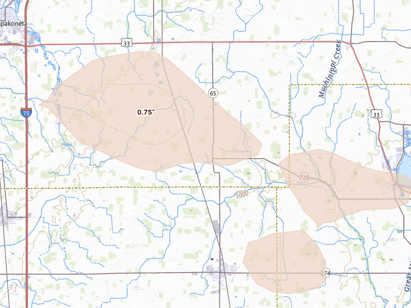 Radar-estimated hail-size map of the storm over Wapakoneta, OH on Sep 4, 2026