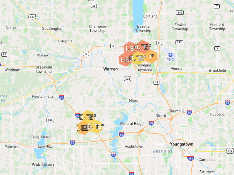 Hail map of Warren, OH on Jul 4, 2026, hail up to 1.75"