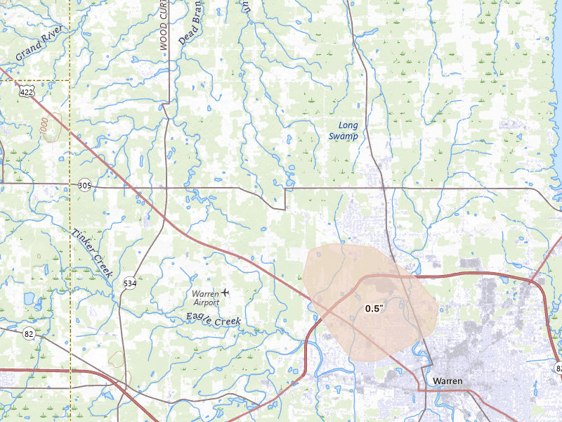 Radar-estimated hail-size map of the storm over Warren, OH on Jul 16, 2026