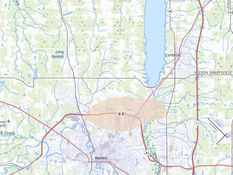 Radar-estimated hail-size map of the storm over Warren, OH on Aug 8, 2026