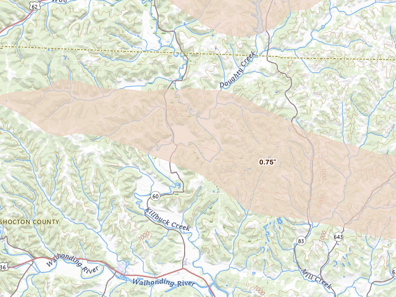 Radar-estimated hail-size map of the storm over Warsaw, OH on Apr 3, 2026