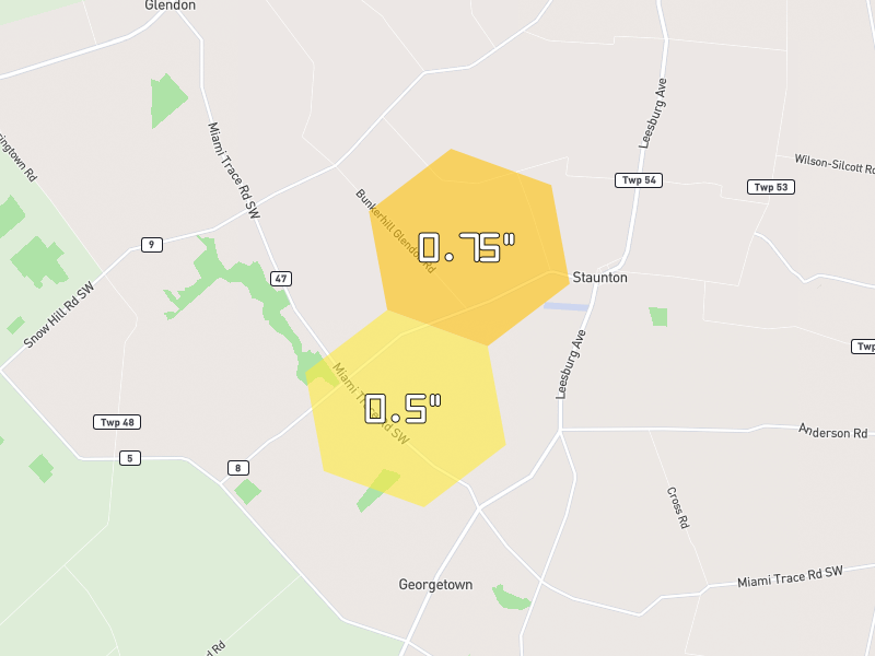 Hail map of Washington Court House, OH on Jul 21, 2026, hail up to 0.75"