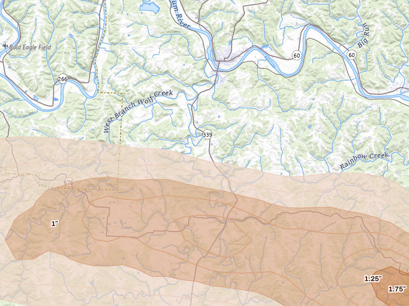 Radar-estimated hail-size map of the storm over Waterford, OH on Apr 1, 2026