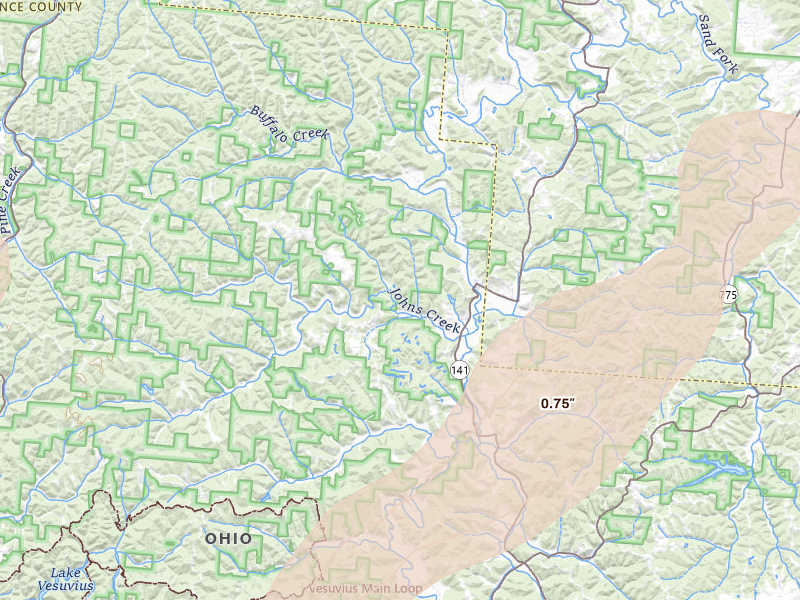 Radar-estimated hail-size map of the storm over Waterloo, OH on Aug 7, 2026