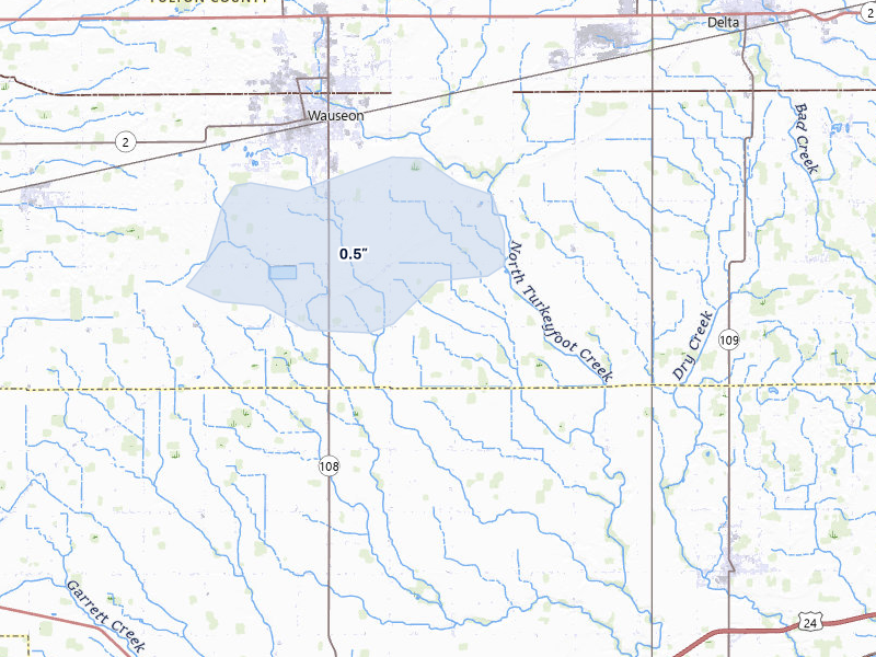 NEXRAD radar-signature map of the hail storm over Wauseon, OH on Mar 31, 2026
