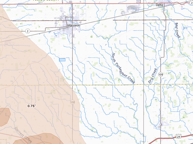 Radar-estimated hail-size map of the storm over Wauseon, OH on Apr 22, 2026