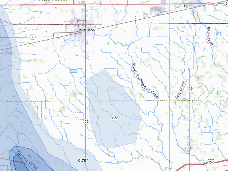 NEXRAD radar-signature map of the hail storm over Wauseon, OH on Apr 22, 2026