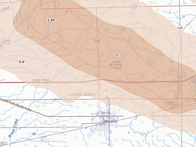 Radar-estimated hail-size map of the storm over Wauseon, OH on Aug 10, 2026