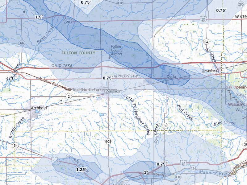 NEXRAD radar-signature map of the hail storm over Wauseon, OH on Aug 10, 2026